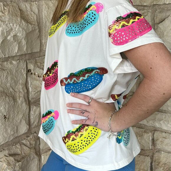 NWT Queen Of Sparkles White Scattered Multi Color Hot Dog Tee - Picture 5 of 7
